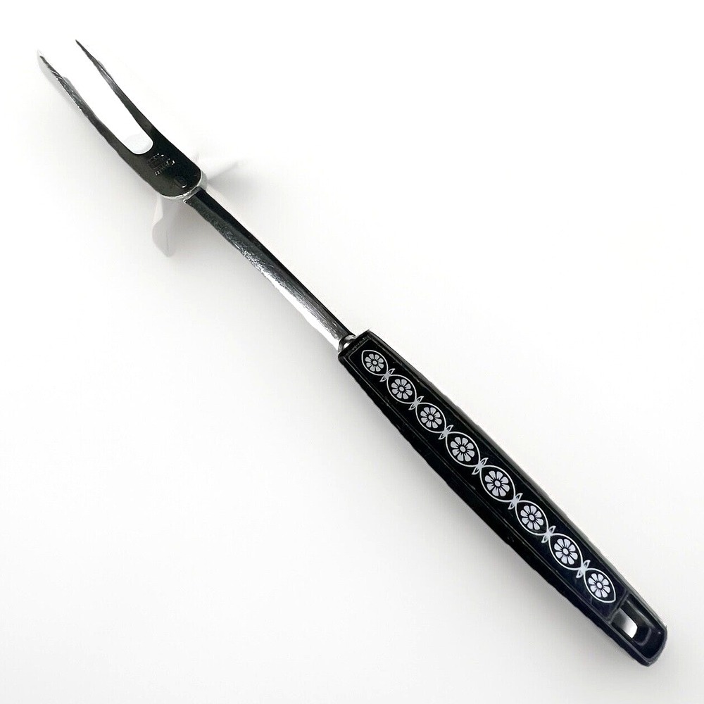 Vintage EKCO Stainless Steel Meat Carving Fork Black Floral Handle MCM‎ 12"